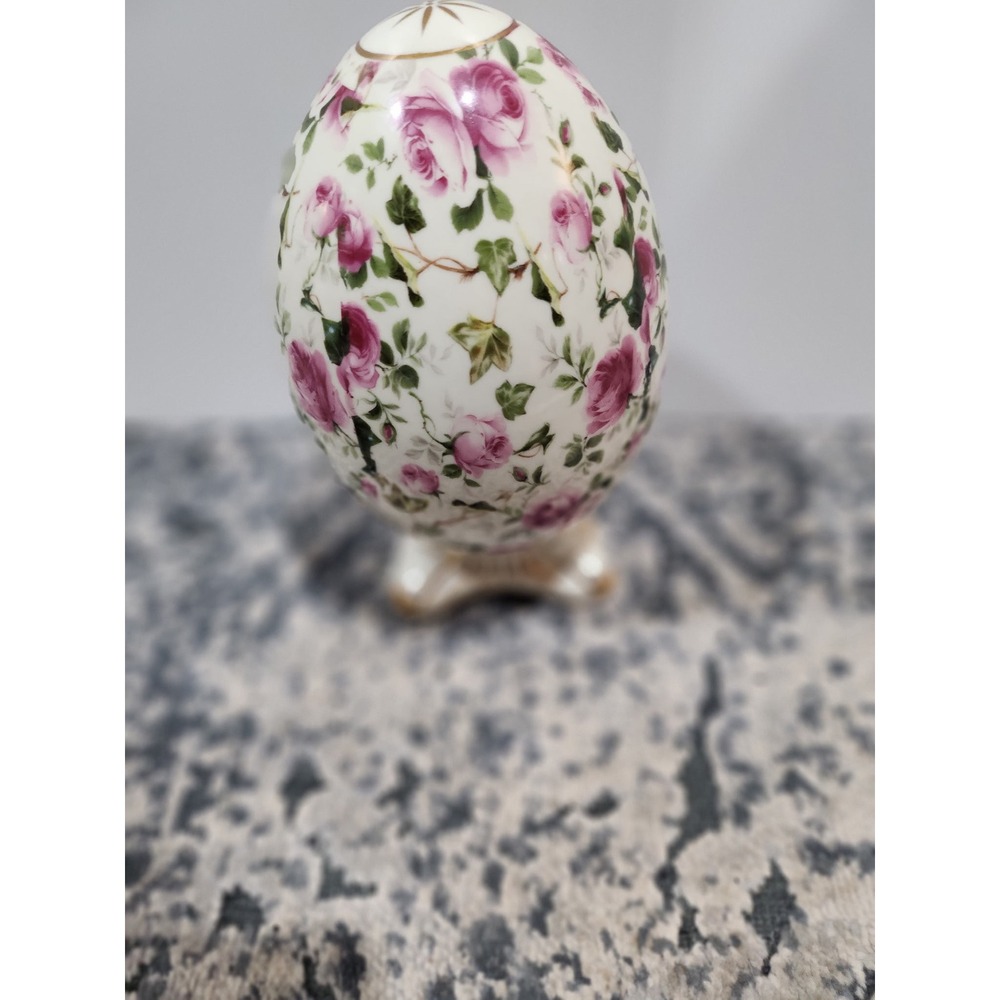 Formalities by Baum Bros Porcelain Egg Figurine Pink Rose Floral Gold Trim 6"